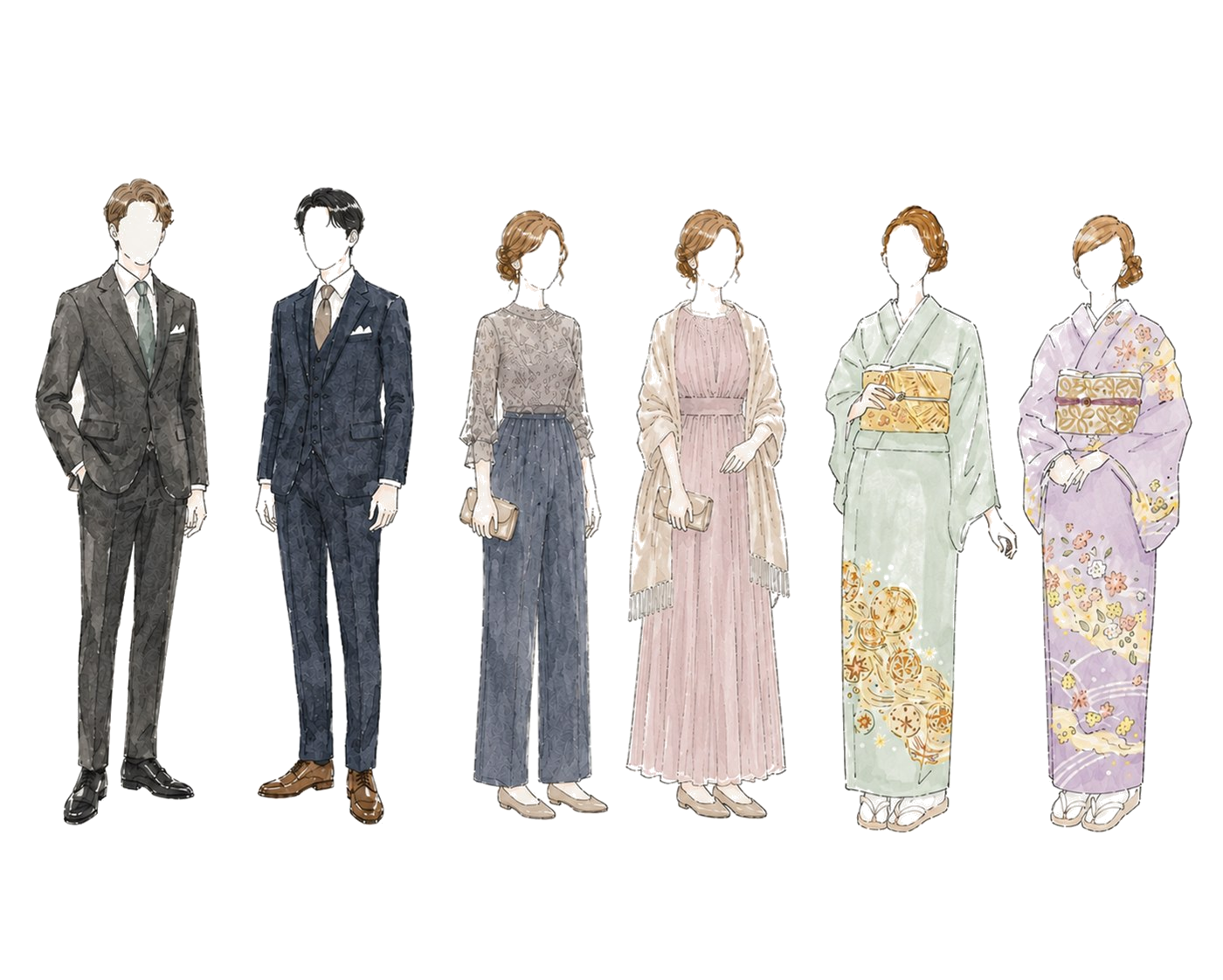 Examples of semi-formal Japanese wedding attire, including suits, dresses, and kimono