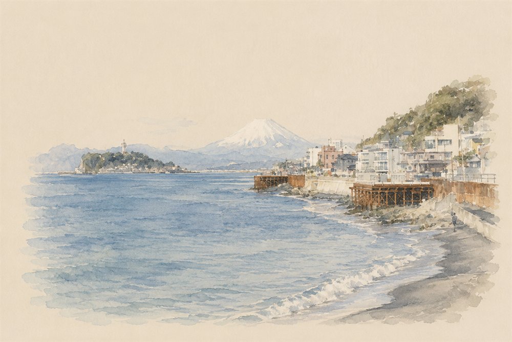 Watercolour view from Inamuragasaki towards Mount Fuji