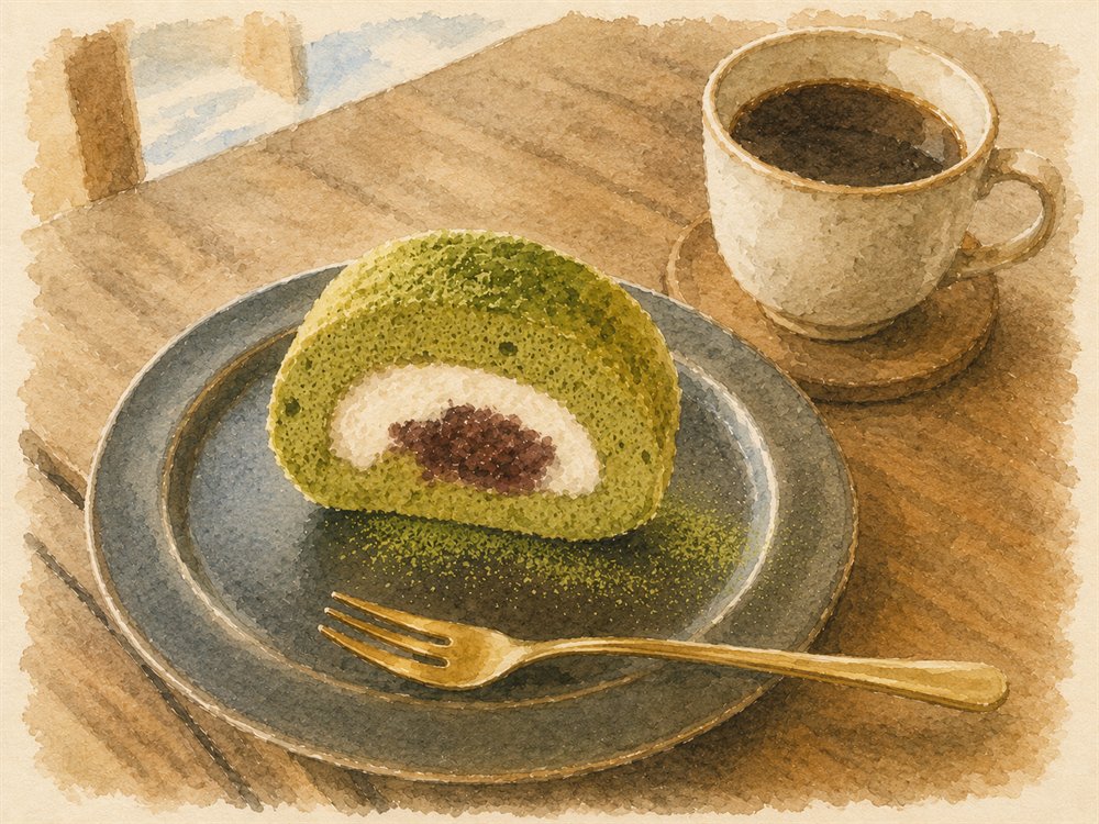 Watercolour matcha cake and coffee at Paso