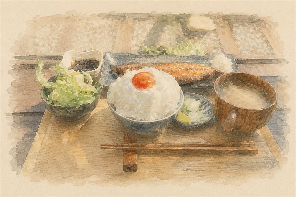 Watercolour Japanese breakfast at Café Yoridokoro